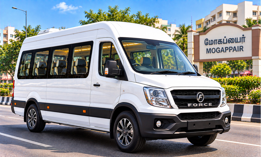 Tempo Traveller exterior for group travel from Mogappair