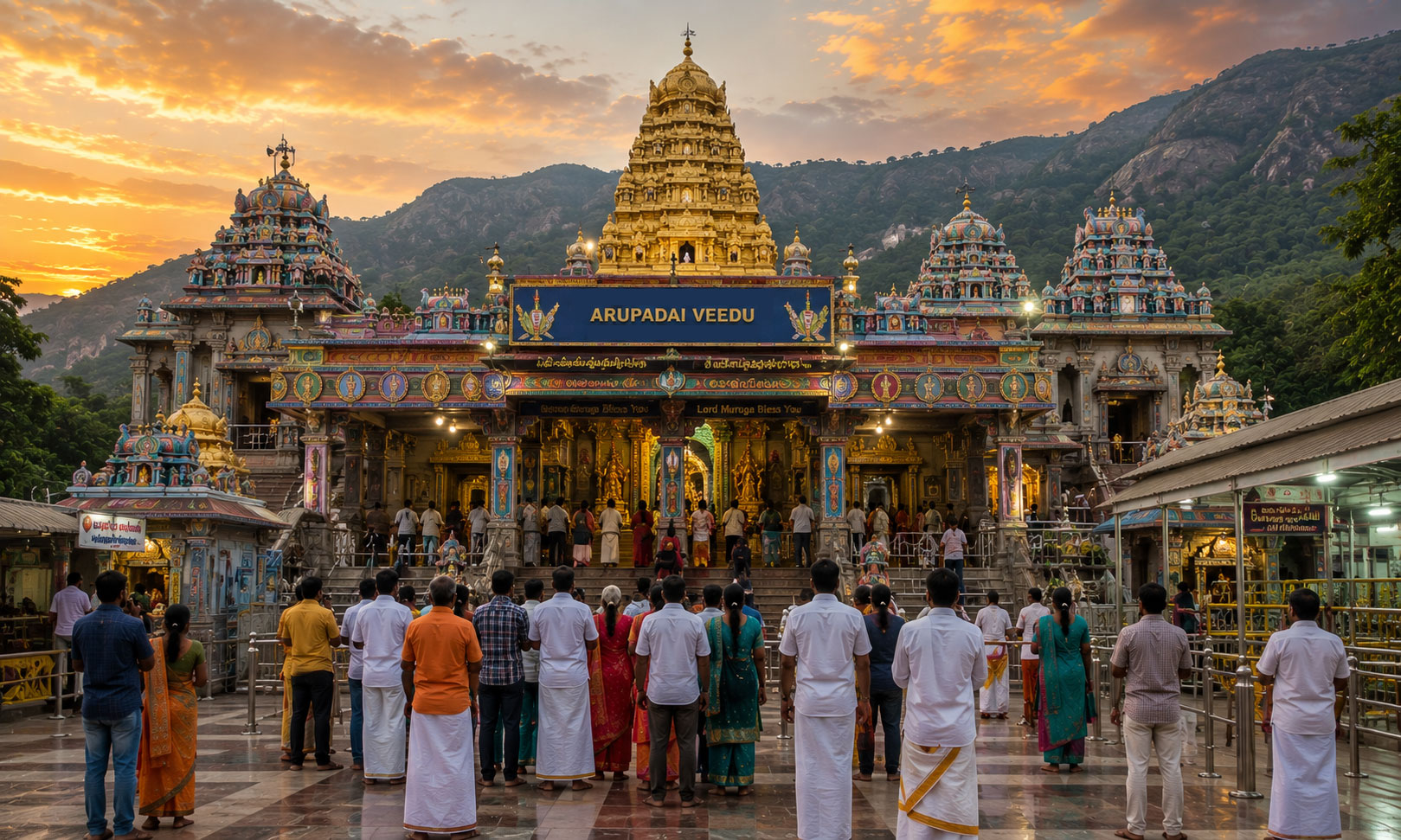 Lord Murugan with vel and six sacred temples