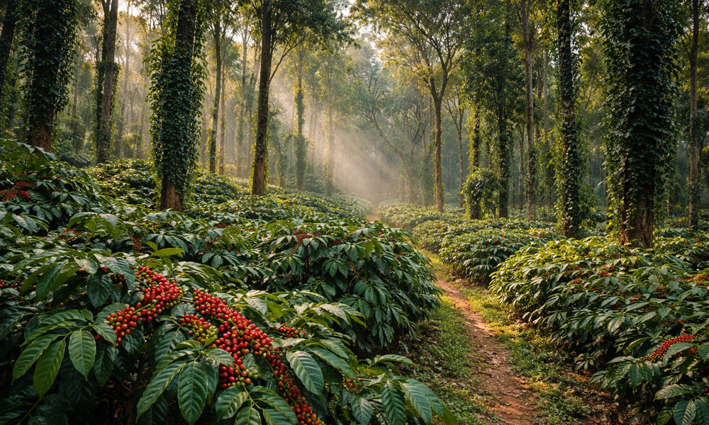 Lush green coffee plantation with ripe coffee cherries in Coorg