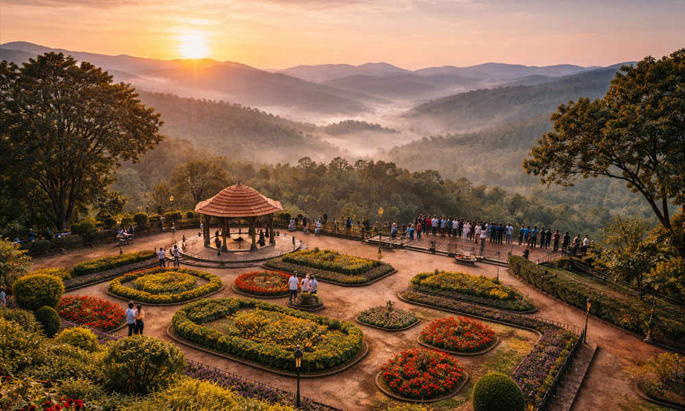 Panoramic view of misty hills from Raja's Seat in Madikeri